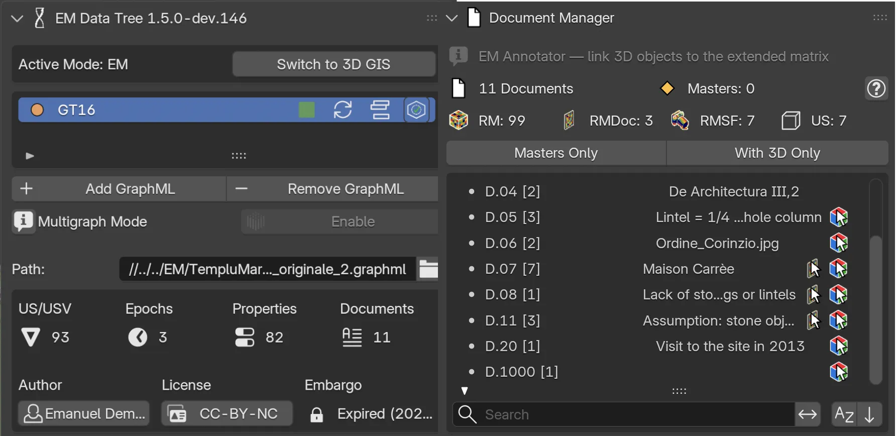 EMtools side panel in Blender showing the stratigraphic data tree of US, USV, documents, extractions and properties